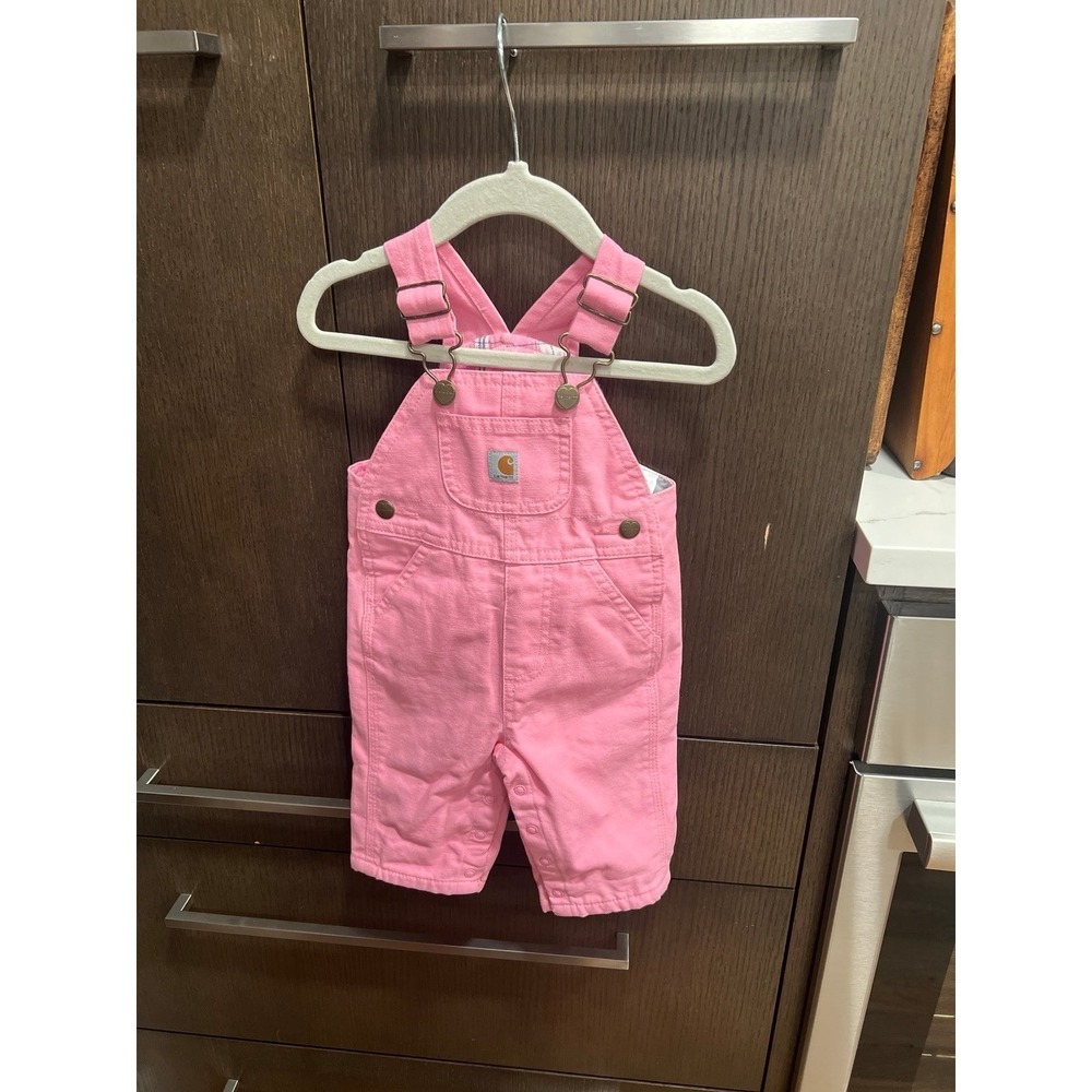 Carhartt toddler girl's canvas bib overalls in pink 3‎ months